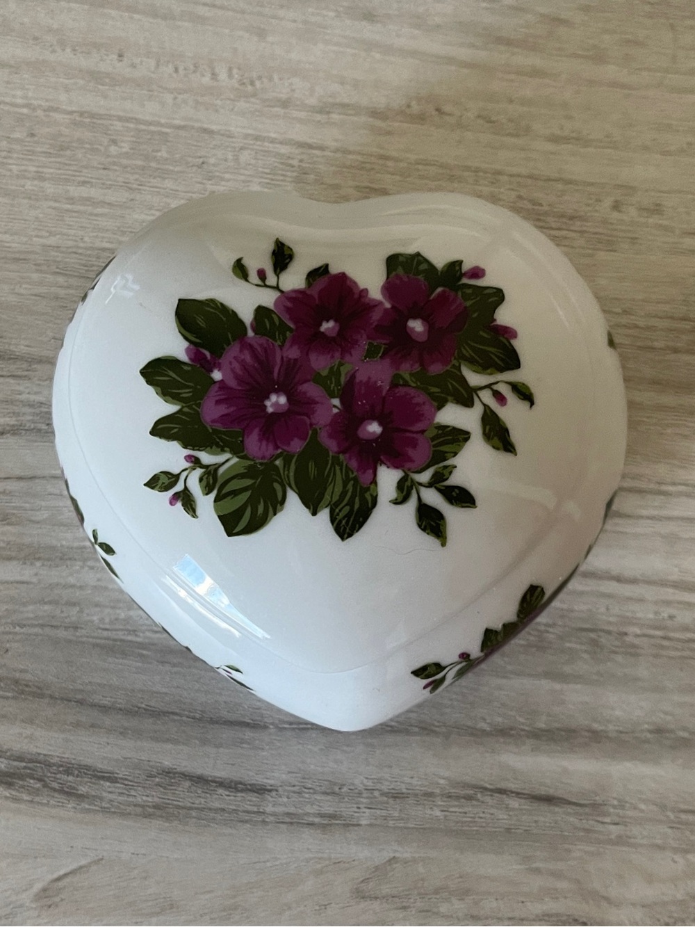 Avon Porcelain Heart Purple Floral Trinket Dish 2012